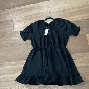 Very J Black Floral Textured Mini Dress Boho Ruffle Hem Elastic Waist Sz 1X NWT